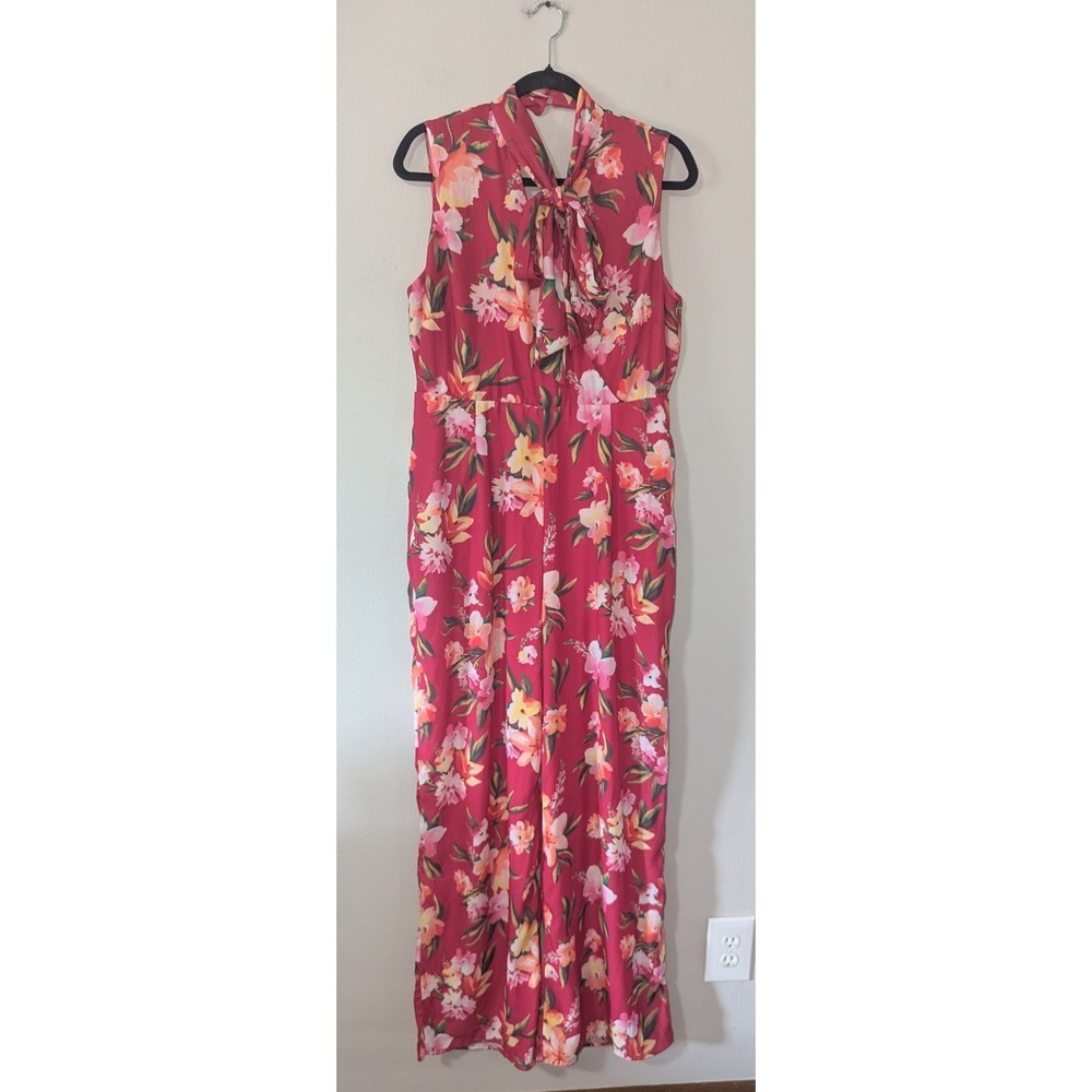 L NWT New‎ York & Company Womens Pink Floral Tie Neck Wide Leg Jumpsuit